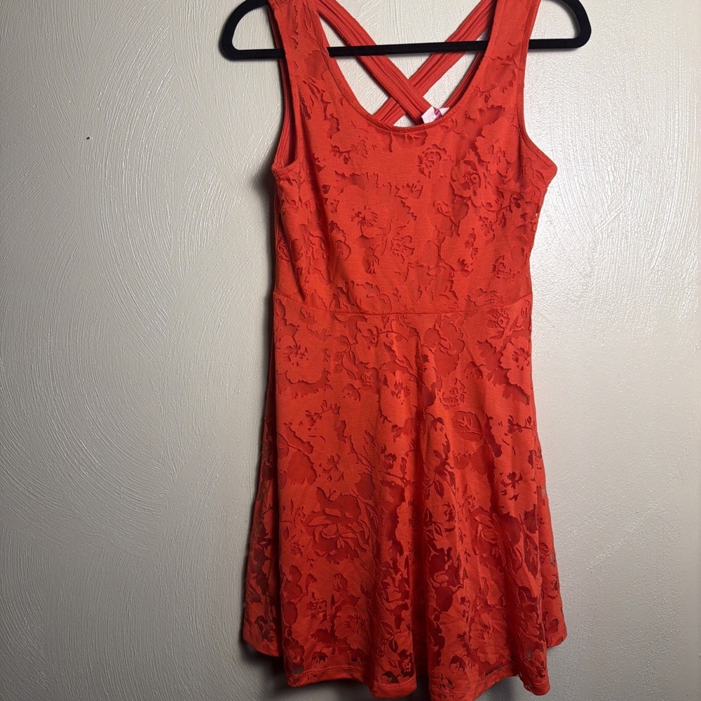 Candies Skater Dress Lace Floral M Orange Criss Cross Back Summer Mini Party